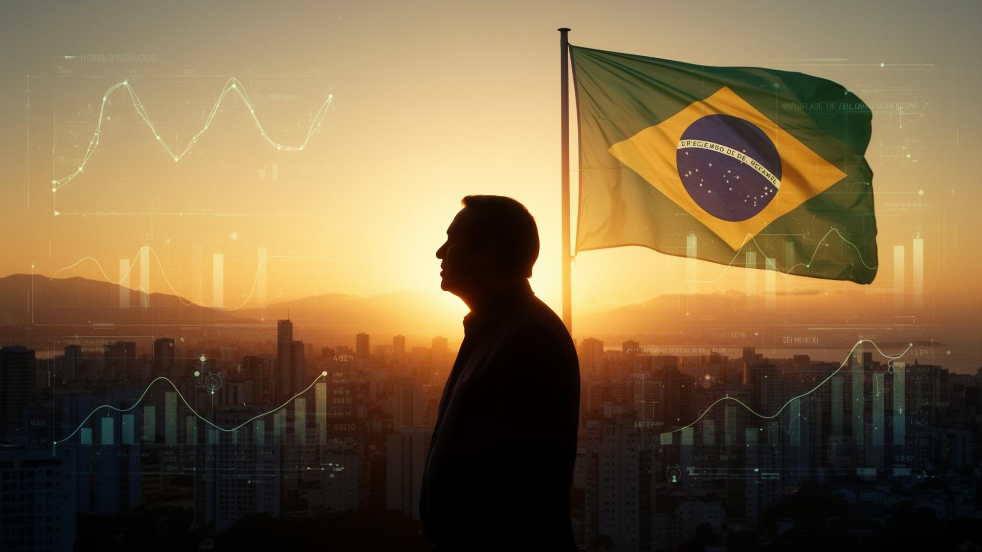 Candidato observa a cidade ao amanhecer com bandeira do Brasil